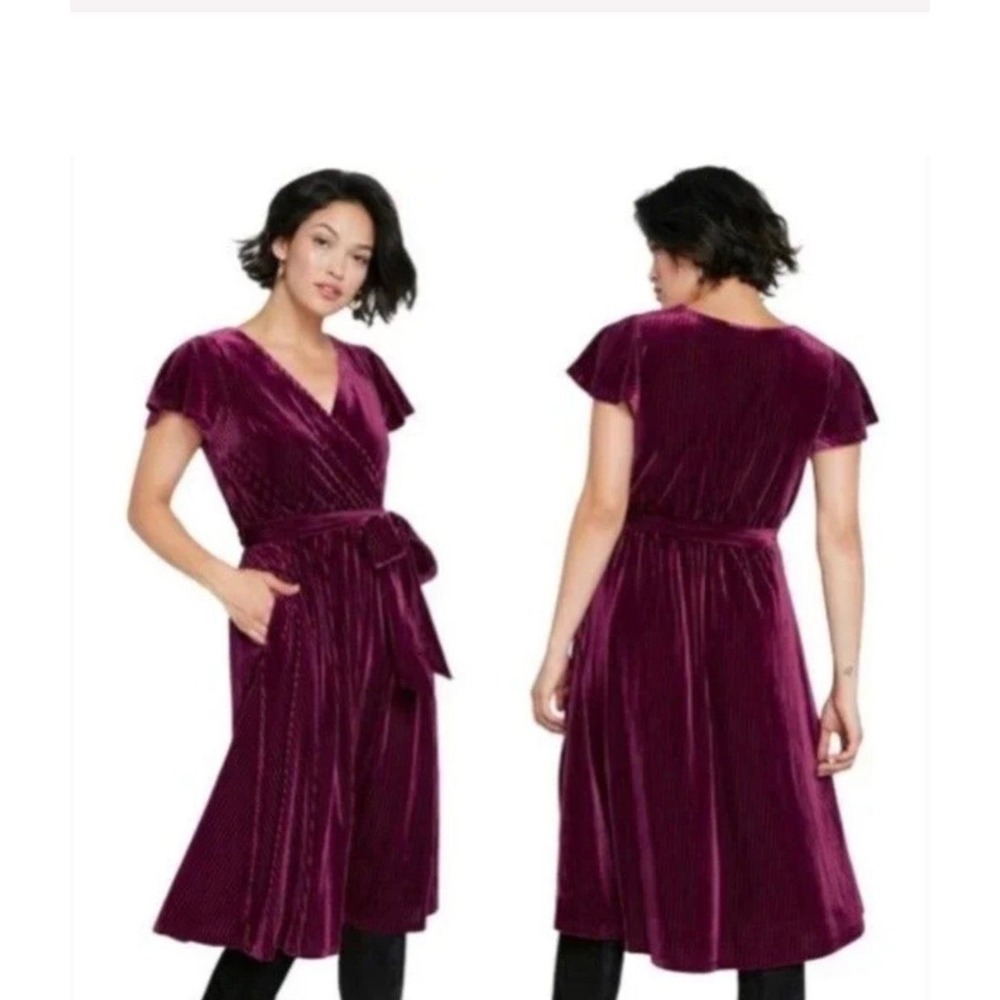 ModCloth Burgundy Red Velvet Ribbed Faux Wrap Midi Dress Belted Size M